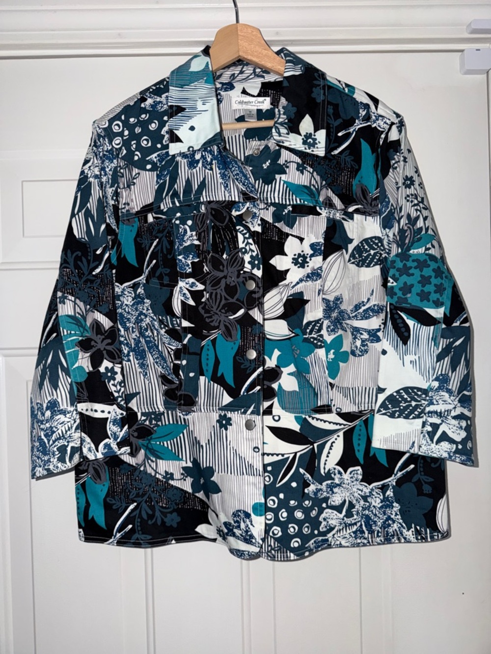 Coldwater Creek Teal, Black & White Floral Patchwork Jacket. Sz 1x